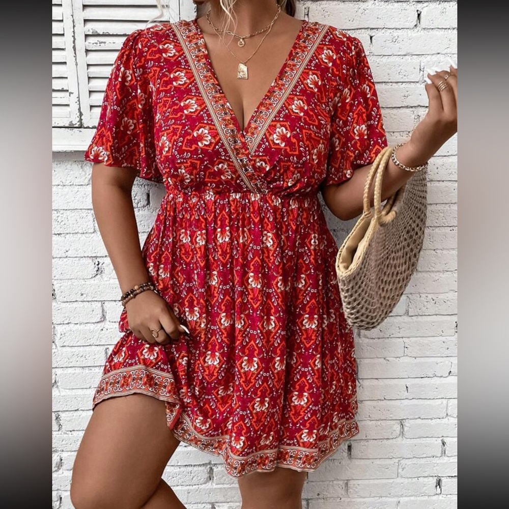 Boho plus size floral print butterfly sleeve dress